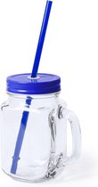1x stuks Glazen Mason Jar drinkbekers blauwe dop en rietje 500 ml - afsluitbaar/niet lekken/fruit shakes