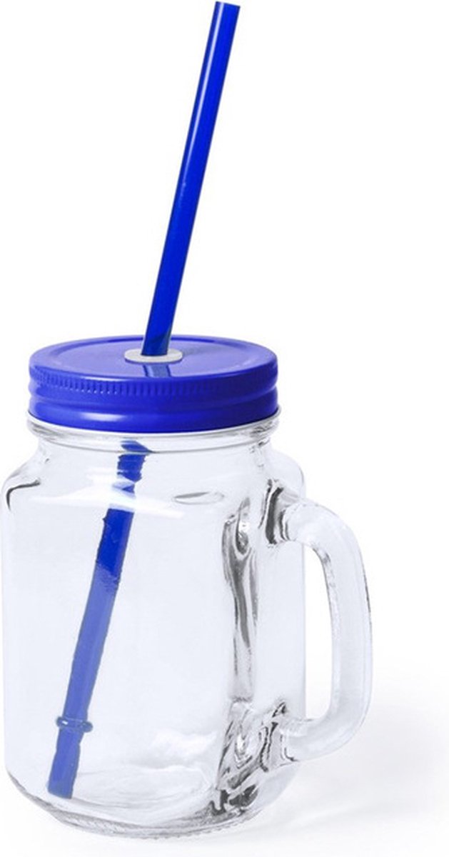 Goedkoopste Mason Jar drinkbekers - glas - dop blauw met rietje - 500 ml - afsluitbaar - fruit shakes