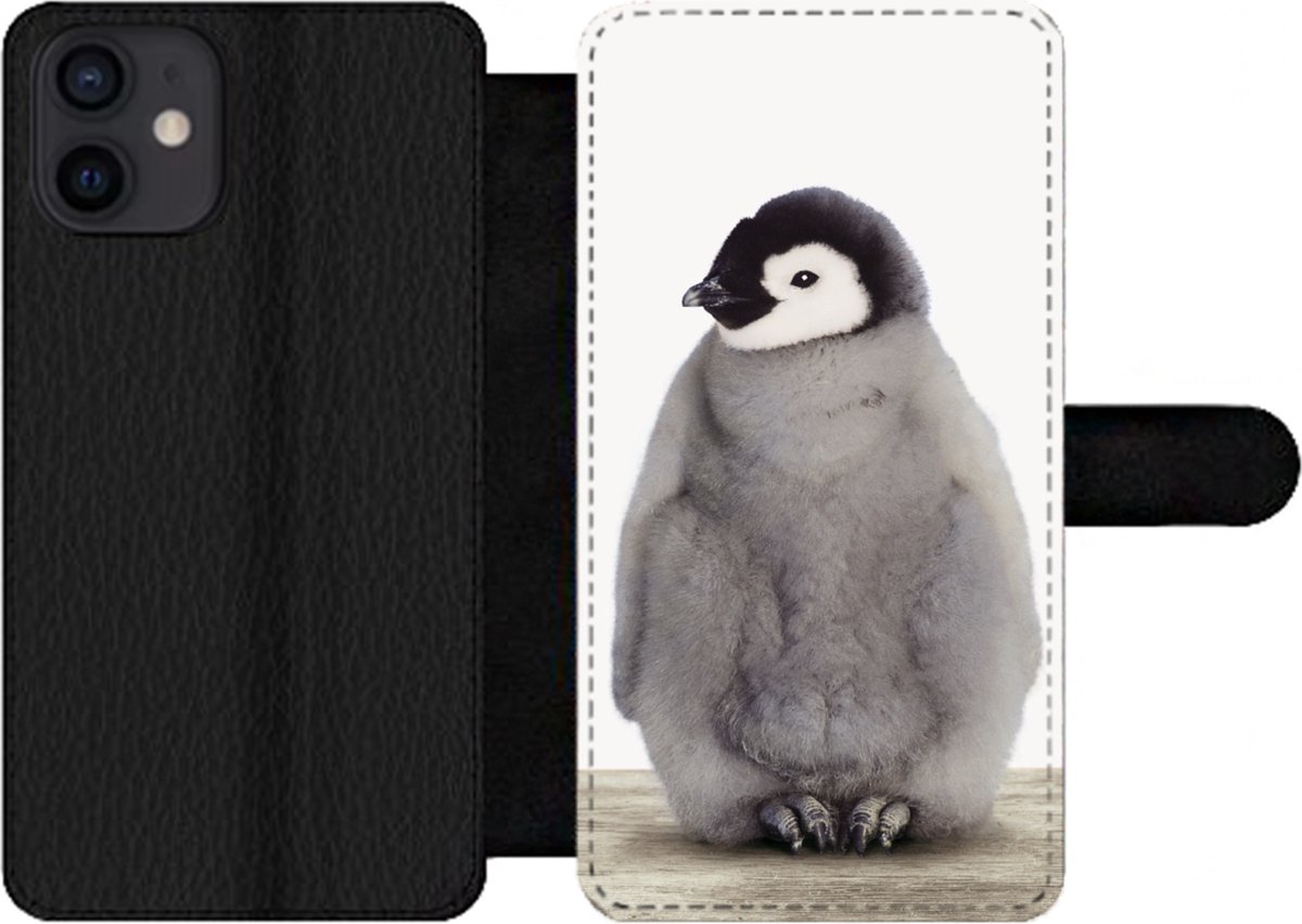 Telefoonhoesje Geschikt voor iPhone 12 telefoonhoesje - Kinderen - Pinguïn - Grijs - Dieren - Meisjes - Jongens - Met vakjes - Wallet case met magneetsluiting