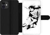 Bookcase Geschikt voor iPhone 12 Pro Max telefoonhoesje - Een illustratie van een persoon die een voetbal richting doel schiet - Jongens - Jongetje - Kind - Met vakjes - Wallet case met magneetsluiting