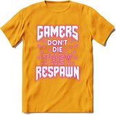 Gamers don't die T-shirt | Neon Roze | Gaming kleding | Grappig game verjaardag cadeau shirt Heren – Dames – Unisex | - Geel - S