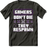 Gamers don't die pixel T-shirt | Paars | Gaming kleding | Grappig game verjaardag cadeau shirt Heren – Dames – Unisex | - Donker Grijs - 3XL