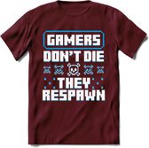 Gamers don't die pixel T-shirt | Blauw | Gaming kleding | Grappig game verjaardag cadeau shirt Heren – Dames – Unisex | - Burgundy - XL