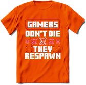 Gamers don't die pixel T-shirt | Gaming kleding | Grappig game verjaardag cadeau shirt Heren – Dames – Unisex | - Oranje - M