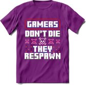 Gamers don't die pixel T-shirt | Gaming kleding | Grappig game verjaardag cadeau shirt Heren – Dames – Unisex | - Paars - L