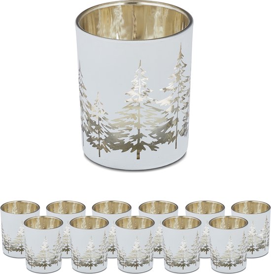 theelichthouder set van 12 - met dennenboom - 8,5 x 7 cm - kerst - wit-goud