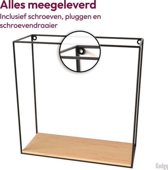 Detail van de bevestiging van een zwart metalen wandrek met houten plank, 'Alles meegeleverd inclusief schroeven, pluggen en schroevendraaier'.