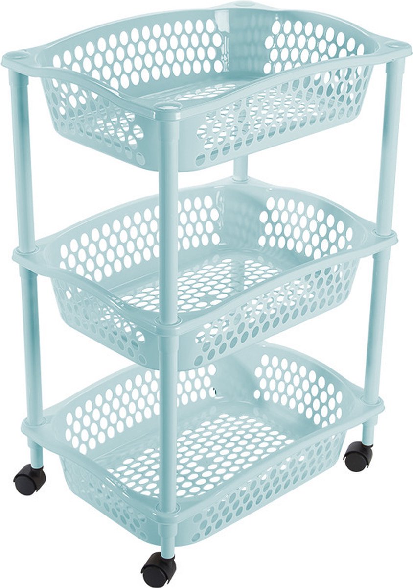 Keuken/kamer opberg trolleys/roltafels met 3 manden 62 x 41 cm lichtblauw - Etagewagentje met opbergkratten