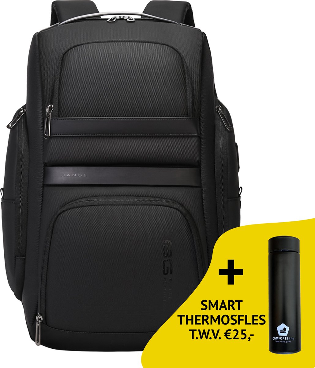 Bange Rugtas - 15,6 inch - Laptop Rugzak - USB-aansluiting - Waterafstotend - Zwart - Incl. Smart Thermosfles