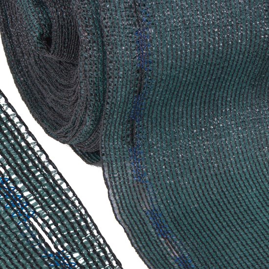 Donkergroen schaduwdoek met een grofmazige structuur en blauwe stiksels.