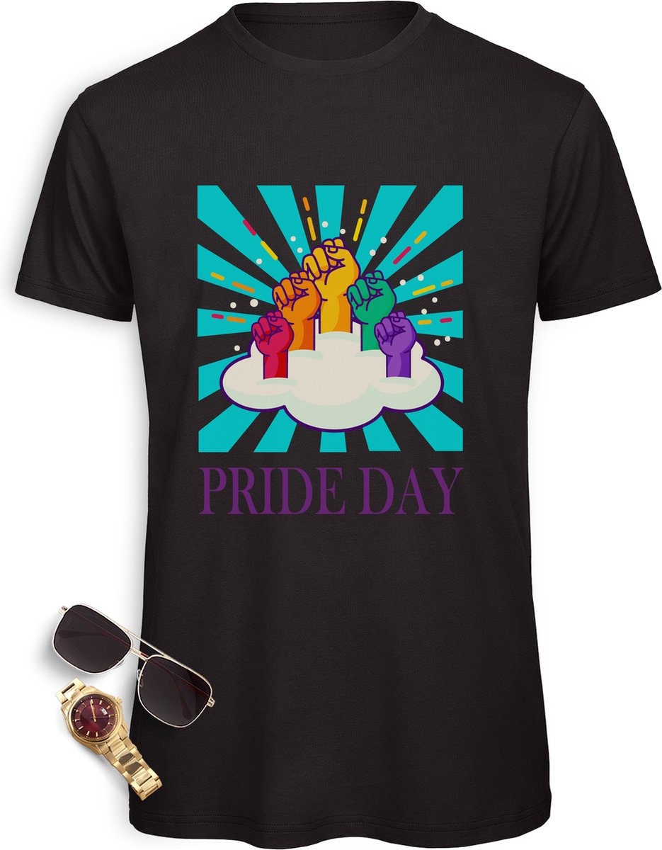 Pride Day mannen t-Shirt - Pride Day t Shirt heren - Pride Day Shirt met print opdruk - Maten: S M L XL XXL XXXL - tshirt kleuren: wit, zwart, oranje en fuchsia.