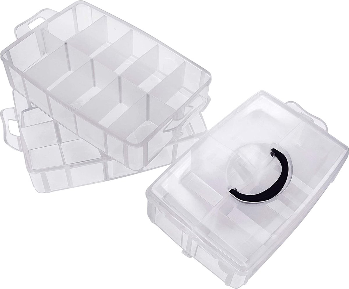 Kurtzy 3 Laags Helder Transparant Stapelbare Plastic Opslag Doos - Aanpasbare Compartimenten Slots - Maximaal 30 Compartimenten - Container Voor Opslag en Organisatie van Speelgoed, Sieraden, Kralen