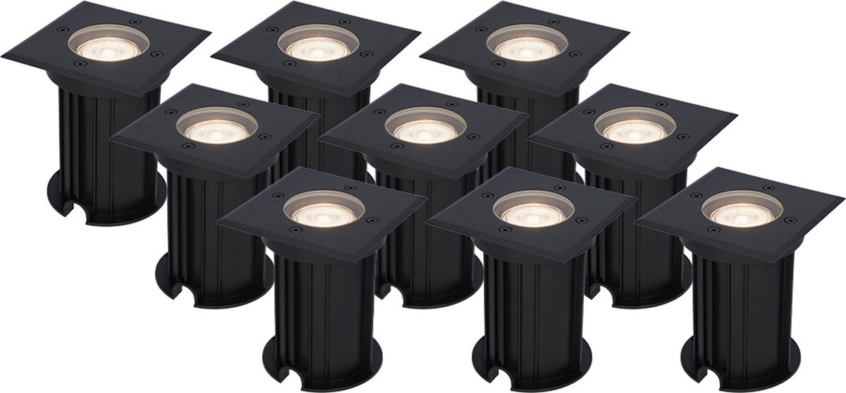HOFTRONIC - Set van 9 Ramsay LED Grondspot Zwart - 4000K Neutraal wit - Vierkant Aluminium - 5 Watt 400 Lumen - IP67 Waterdicht - 3 jaar garantie - Inbouwdiepte: 140mm, Inbouwdiameter: 103mm - Tuinspots, Padverlichting en Opritverlichting