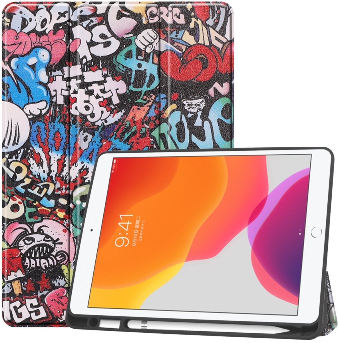 Mobigear Tablethoes geschikt voor Apple iPad 9 (2021) Hoes | Mobigear Tri-Fold Gel Bookcase + Stylus Houder - Grafitti