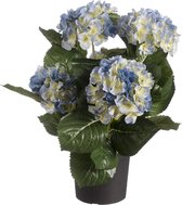 Blauwe hortensia kunstplant in zwarte kunststof pot 44 cm - Hydrangea - Woondecoratie