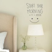 Stickerheld - Muursticker "Start your morning with a smile" Quote - Slaapkamer - inspirerend - Engelse Teksten - Mat Donkergrijs - 32.7x27.5cm