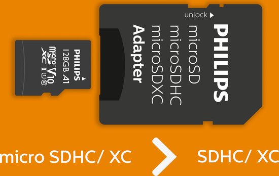 Philips 128GB A1 microSD-kaart en adapter op een oranje achtergrond. Tekst: 'micro SDHC/ XC' en 'SDHC/ XC'.