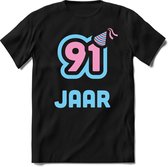 91 Jaar Feest kado T-Shirt Heren / Dames - Perfect Verjaardag Cadeau Shirt - Licht Blauw / Licht Roze - Maat XL