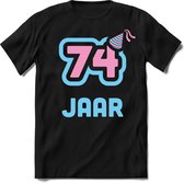 74 Jaar Feest kado T-Shirt Heren / Dames - Perfect Verjaardag Cadeau Shirt - Licht Blauw / Licht Roze - Maat S