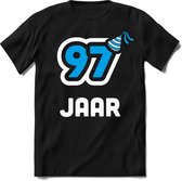 97 Jaar Feest kado T-Shirt Heren / Dames - Perfect Verjaardag Cadeau Shirt - Wit / Blauw - Maat S