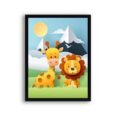 Poster Giraf en leeuw met berg en zonnetje midden - dieren van papier / Jungle / Safari / Dieren Poster / Babykamer - Kinderposter 40x30cm