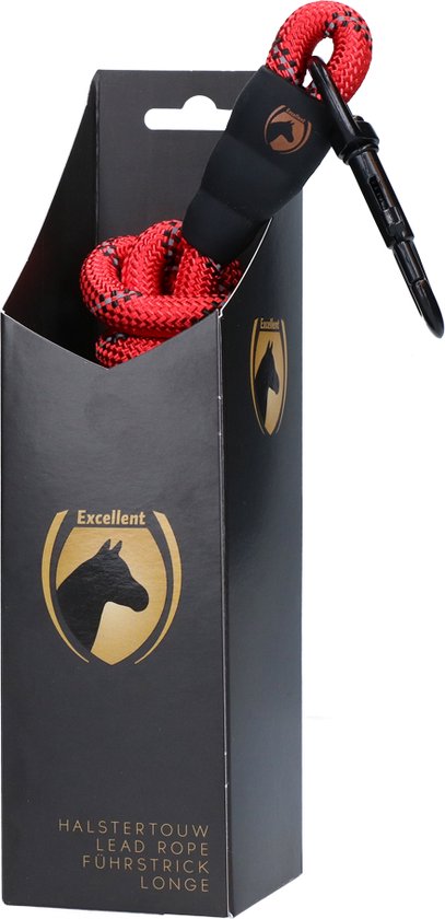 Rood halstertouw met reflecterende lijnen, in de verpakking. De doos is zwart met een paardenlogo en de tekst 'Excellent Lead Rope'.