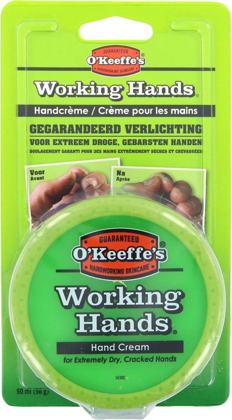 O'Keeffe's Working Hands Handcrème verpakt in plastic met voor-en-na foto's van handen. De pot is groen.