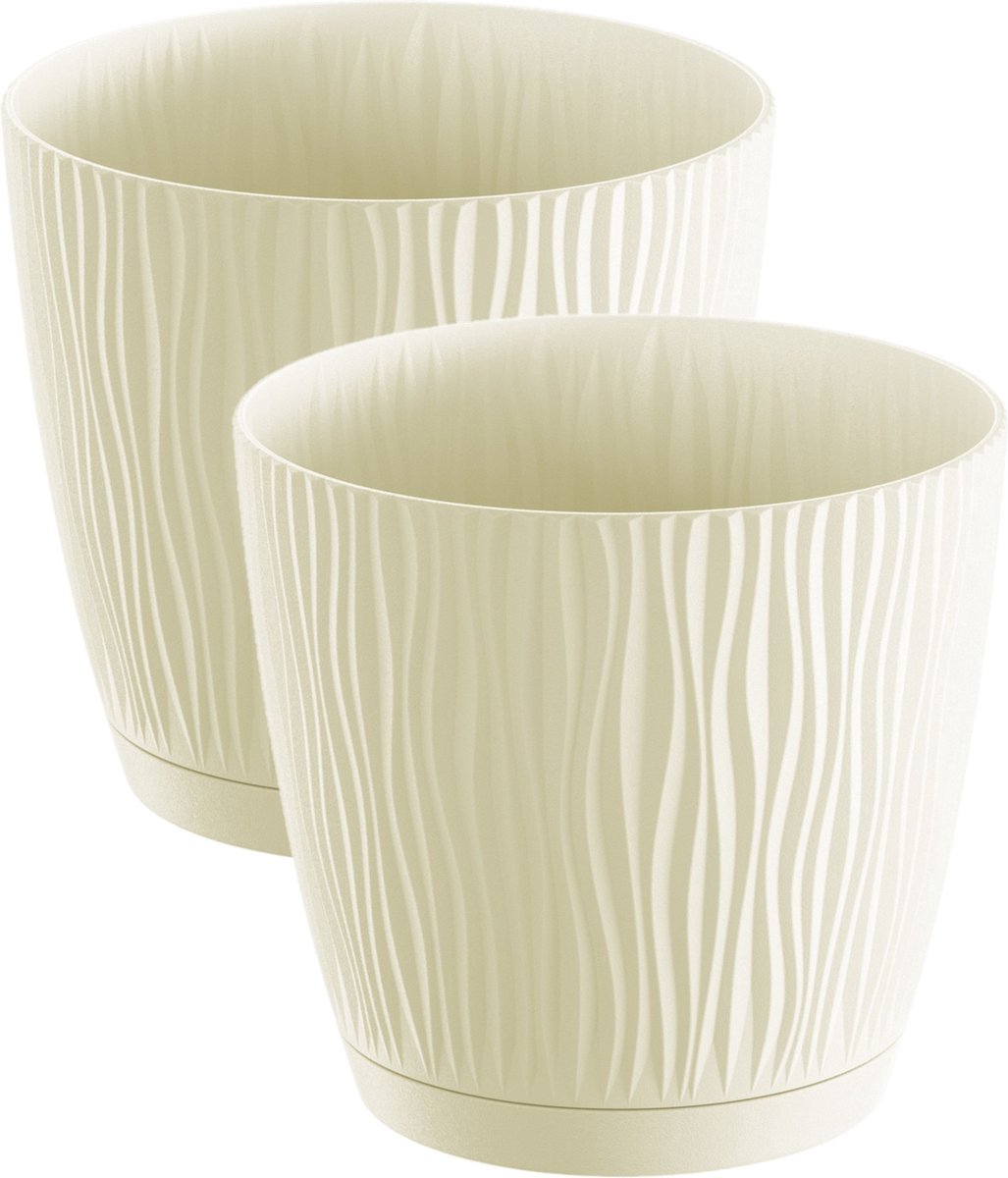 Prosperplast Plantenpot/bloempot Waves - 2x stuks - kunststof - creme wit - D15 x H14 cm - binnen/buiten - met opvangschaal