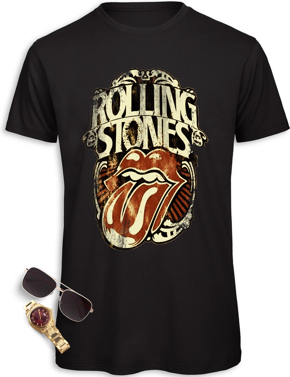 Rolling Stones T shirt - Old Vintage Retro Look - Heren t-shirt - Mannen tshirt met Rolling Stones Print - Maten: S M L XL XXL XXXL - T shirt kleur: zwart.