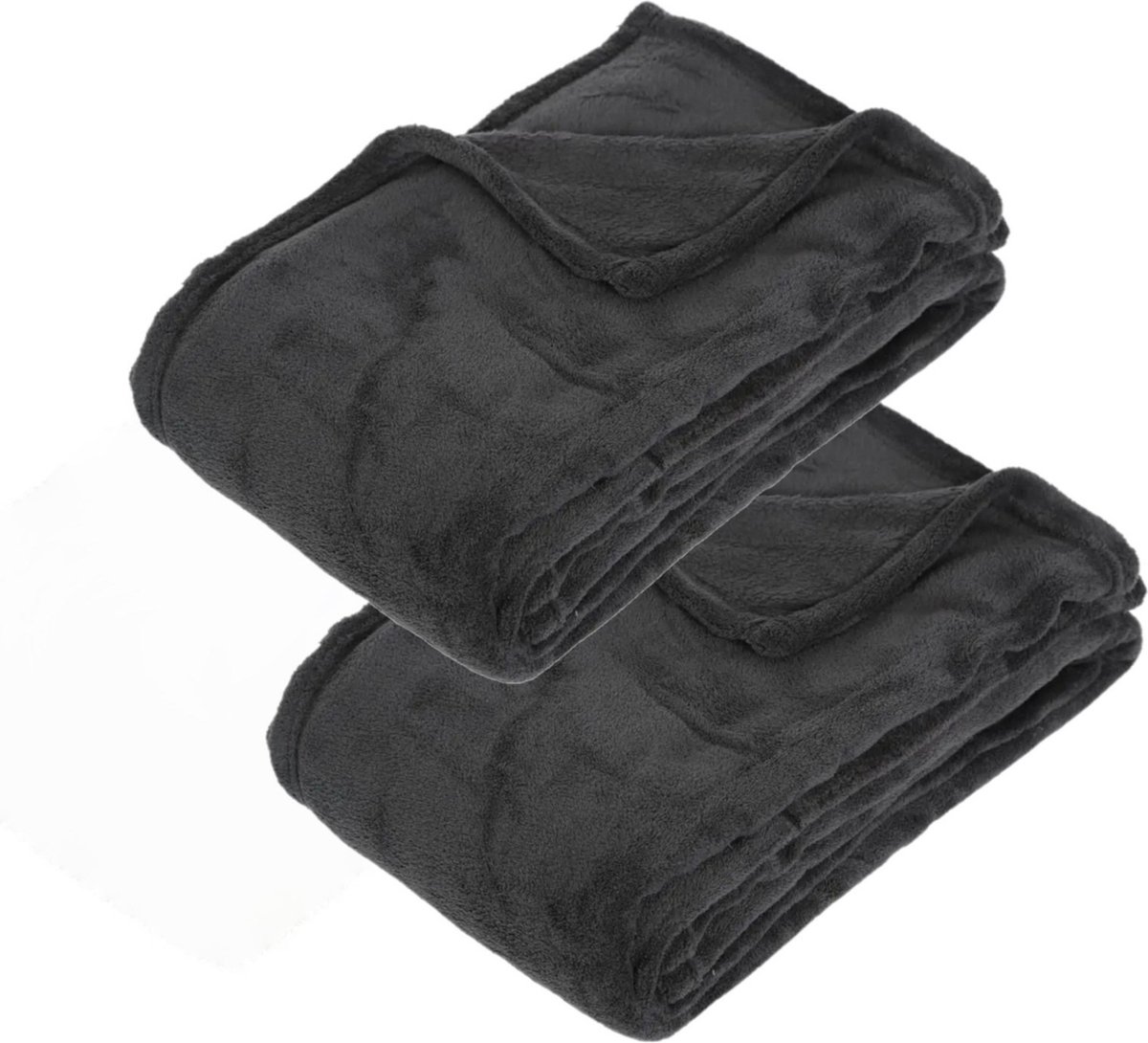 Atmosphera Fleece deken of plaid harig - 2x - antraciet - 125 x 150 cm - polyester - Bankdeken - Fleece plaid