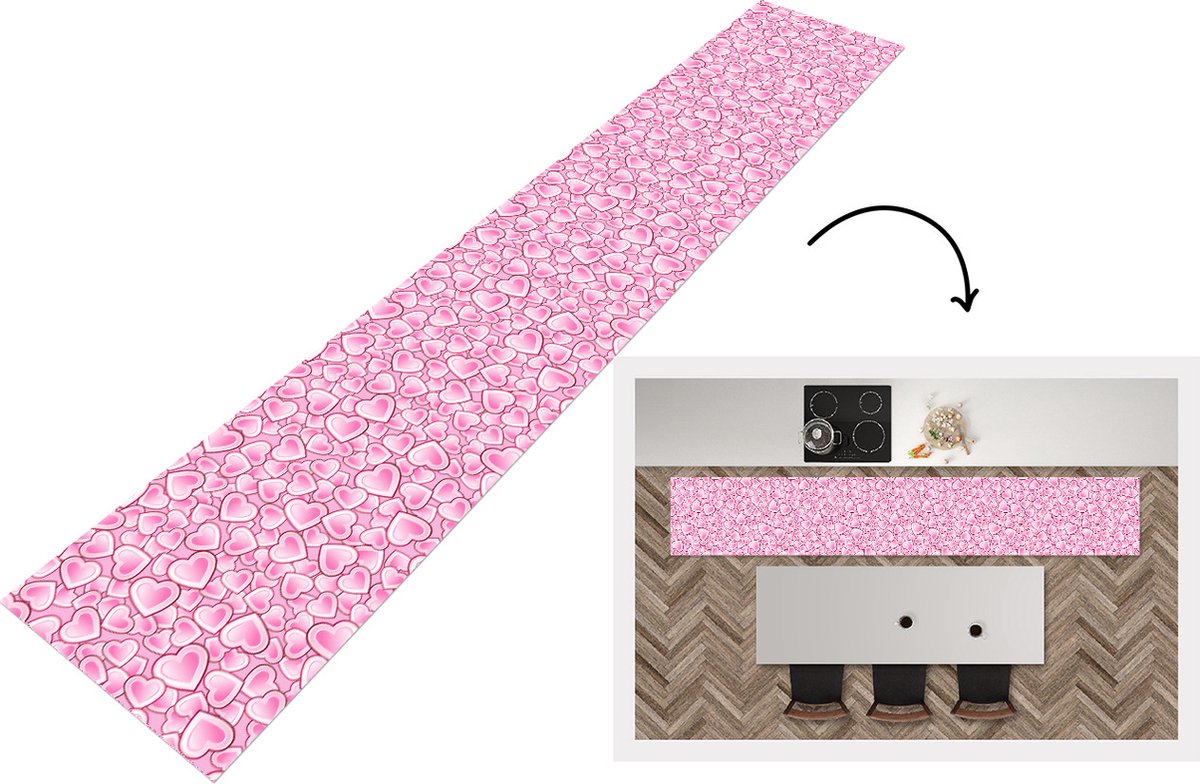KitchenYeah Keukenloper - Keukenmat - Meiden - Hartjes - Roze - Patronen - 360x60 cm - Keuken vloerkleed Multicolor