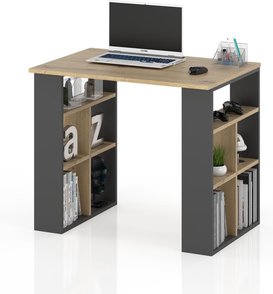 AZ-Home - Bureau Lara - 90 cm - Antraciet Eiken - Computertafel met planken  | bol.com