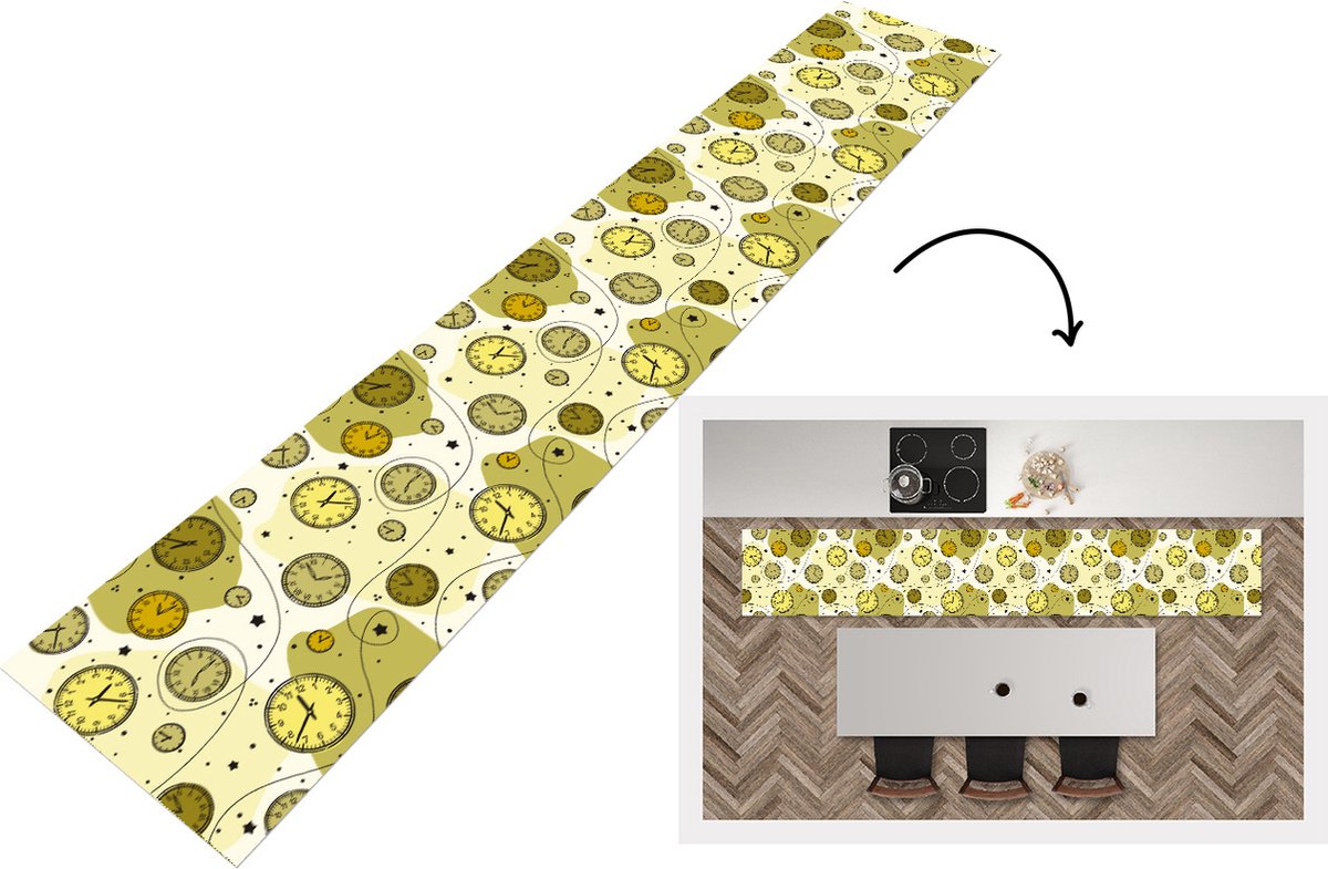KitchenYeah Keukenloper - Keukenmat - Retro - Klok - Patronen - Stippen - 360x60 cm - Keuken vloerkleed Multicolor