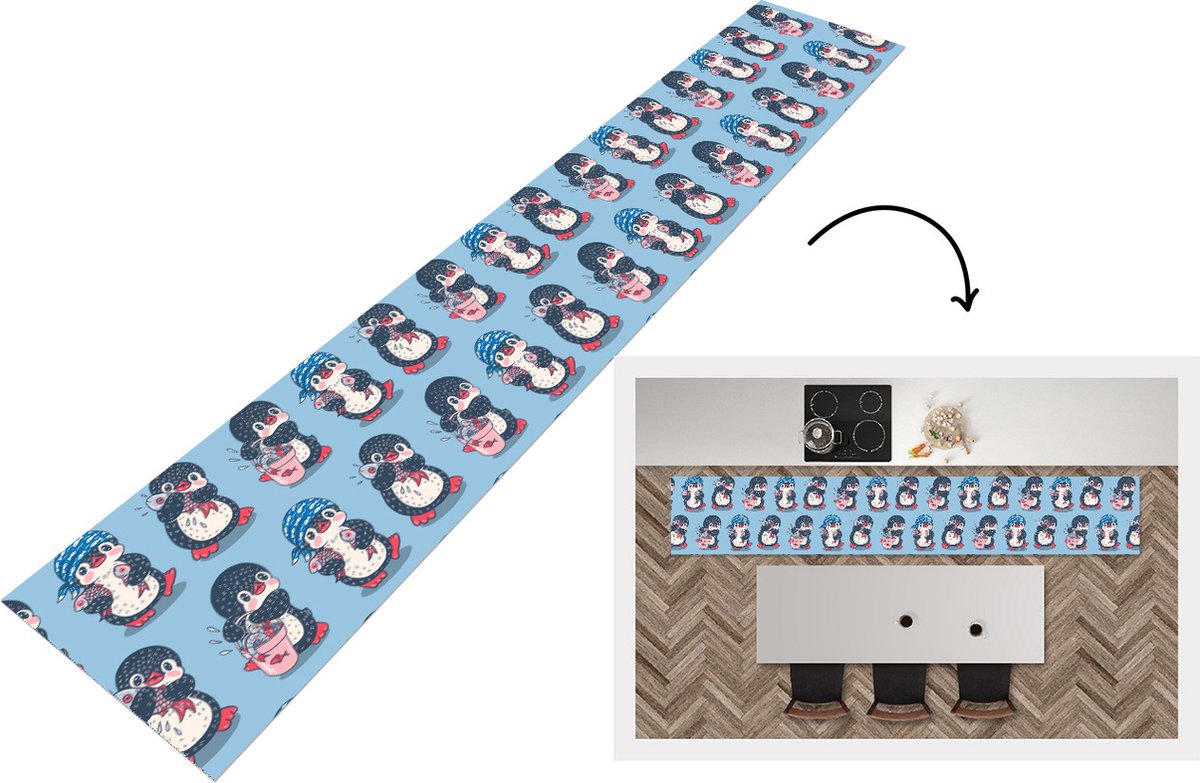 KitchenYeah Keukenloper - Keukenmat - Pinguïn - Design - Vis - 360x60 cm - Keuken vloerkleed Multicolor