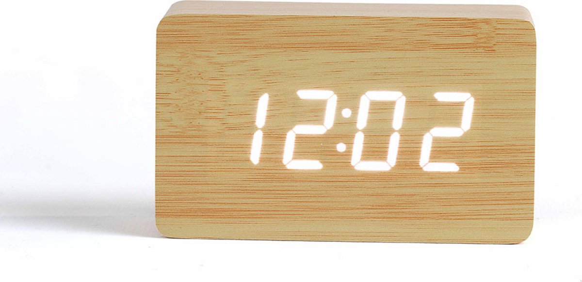 Creartix® Wekker met hout look - Digitale Wekker Hout - Tafelklok - Alarmklok, kalender-, thermometerfuncties - Inclusief nachtmodus - Geluidssensor - LED display met dimmer