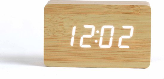 Digitale LED-wekker, houten klok, tafelklok met alarmen, spraakbesturingsmodus en heldere modus voor nachtkastje, slaapkamer, kantoor, 6 x 6 x bruin hout rood licht