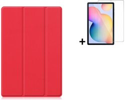 Hoesje Geschikt voor Samsung Galaxy Tab S6 Lite - 10.4 inch - Screenprotector Samsung Galaxy Tab S6 Lite - Samsung Tab S6 Lite Tri fold book case hoes Rood + Tempered Glass