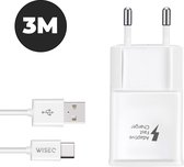 WISEQ Samsung Oplader + 3 meter USB-C Kabel - Snellader - Wit