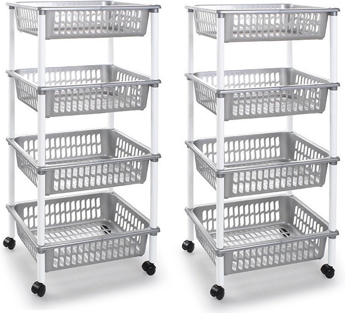 2x stuks zilverkleurige opberg trolleys/roltafels met 4 manden 40 x 50 x 85 cm - Etagewagentje/karretje met opbergkratten