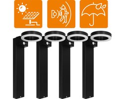Proventa Tuin Lantaarnpalen op zonne-energie met bewegingssensor - Auto aan uit - Zwart - 4 tuinpalen - Tuinlamp - Tuinlampjes - Tuinlampen
