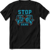 Stop and game | Gaming kado T-Shirt heren - dames | Blauw-Oranje | Perfect game pc cadeau shirt | Grappige console spreuken - zinnen - teksten Maat XXL