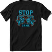 Stop and game | Gaming kado T-Shirt heren - dames | Blauw-Oranje | Perfect game pc cadeau shirt | Grappige console spreuken - zinnen - teksten Maat M