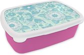 Broodtrommel Roze - Lunchbox - Brooddoos - Bloemen - Blauw - Wit - Patroon - 18x12x6 cm - Kinderen - Meisje