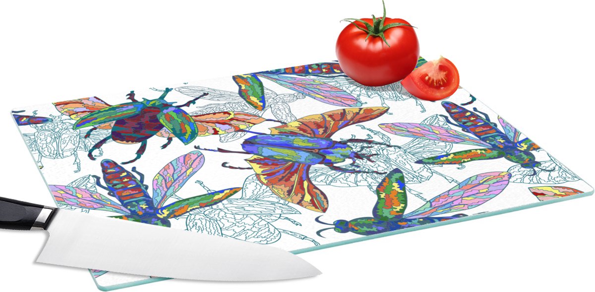 Glazen Snijplank - 39x28 - Insecten - Regenboog - Design - Snijplanken Glas