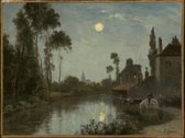 Kunst: Stanislas Lépine, Moonlit River, c. 1866–70, Schilderij op canvas, formaat is 30X45 CM