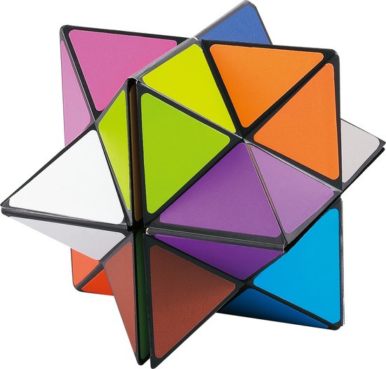 Veelkleurige magische kubus in een ster-achtige vorm met de kleuren roze, oranje, groen, paars, blauw, bruin en wit.