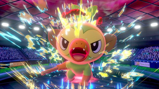 Een groene aap-achtige Pokémon met een geel gezicht, grote oren en een mond open, omringd door elektrische effecten.