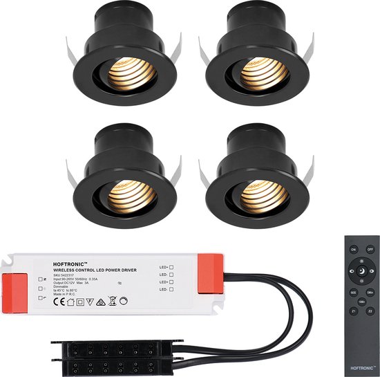 Set van 4 12V 3W - Mini LED Inbouwspot - Zwart - Dimbaar - Kantelbaar & verzonken - Verandaverlichting - IP44 voor buiten - 2700K - Warm wit