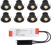 Set van 8 12V 3W - Mini LED Inbouwspot - Zwart - Kantelbaar & verzonken - Verandaverlichting - IP44 voor buiten - 2700K - Warm wit