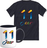 11 Jaar Vrolijke Verjaadag T-shirt met mok giftset Zwart | Verjaardag cadeau pakket set | Grappig feest shirt Heren – Dames – Unisex kleding | Koffie en thee mok | Maat M